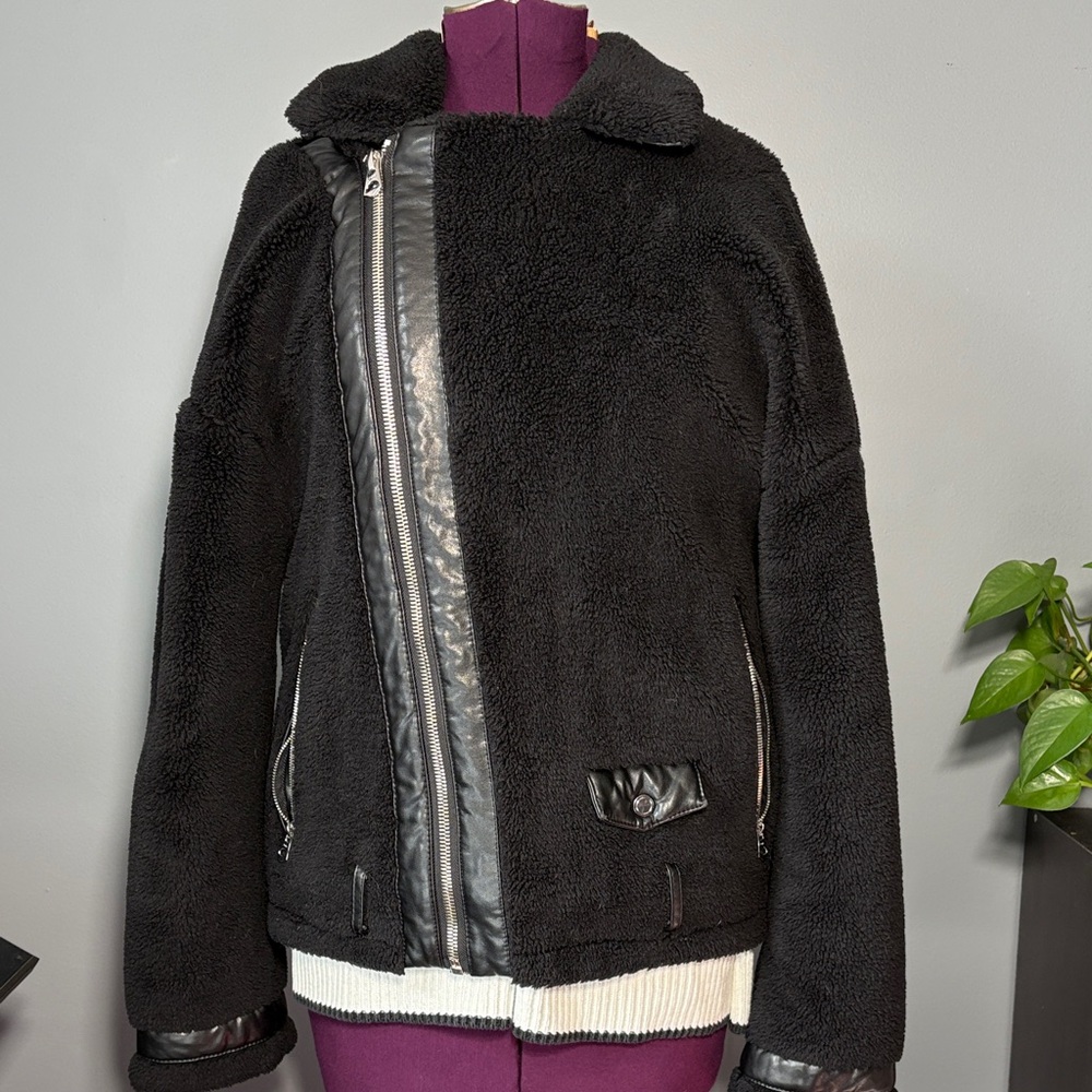 Zara Black Teddy Jacket with Faux Leather Accents